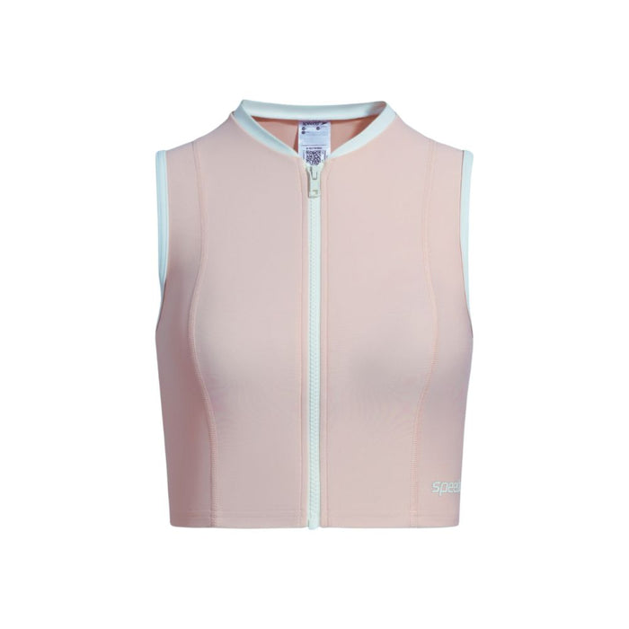 Speedo Women's Wavechasers 2.0 Crop Zip Vest in light peach with white trim and front zipper.