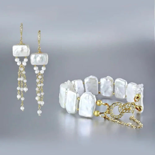 Wedding Jewelry | Natural Pearl Bracelet/Earrings/Set - Gold
