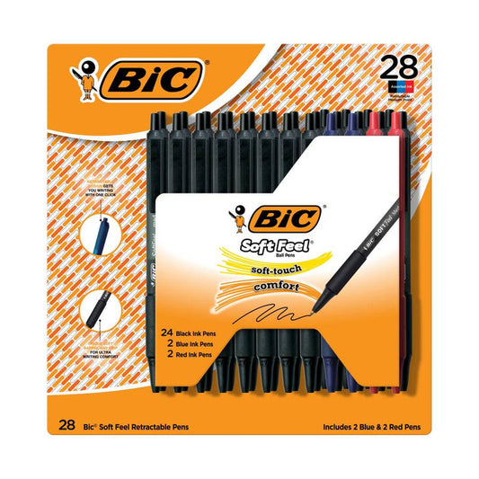 BIC -  Soft Feel Retractable Ballpoint Pens with Soft Touch Comfort Grip Medium Point, Assorted Colors - 28 Count