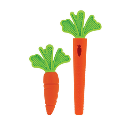 The Nuby Carrot Teether Set (2 Pack) includes two carrot-shaped baby teethers with orange bodies and green tops—one with textured grips and a small carrot icon, the other solid orange—ideal for soothing teething gums.