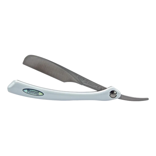 Feather Artist Club DX shavette med hvitt håndtak og metallblad, foldbar barberkniv fra Japan