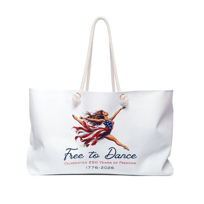 Front of white tote bag with a Free to Dance  Celebrating 250 Years of Freedom 1776-2026 design of a dancer wearing an American flag dress.
