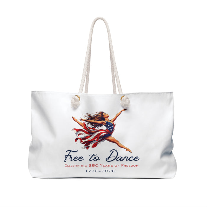 Back of white tote bag with a Free to Dance  Celebrating 250 Years of Freedom 1776-2026 design of a dancer wearing an American flag dress.