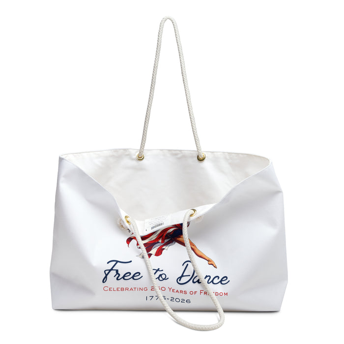 White tote bag showing one handle down with Free to Dance  Celebrating 250 Years of Freedom 1776-2026 design on a white background