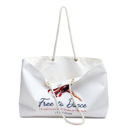 White tote bag showing one handle down with Free to Dance  Celebrating 250 Years of Freedom 1776-2026 design on a white background