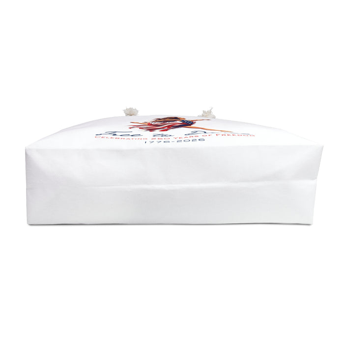 White tote bag bottom with Free to Dance  Celebrating 250 Years of Freedom 1776-2026 design.