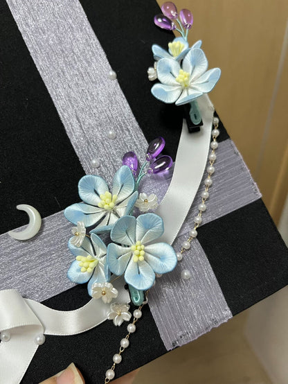 Handmade Chanhua - decorated graduation cap with a cute bunny and floral elements-5