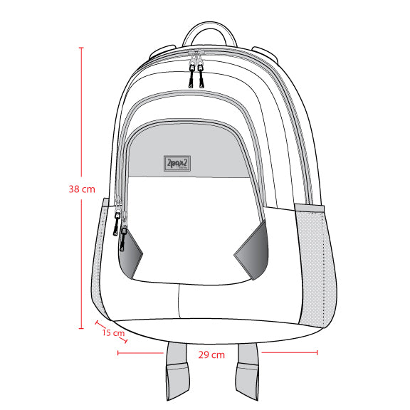 Product diagram of 17L little kids backpack showing dimensions and storage layout.
