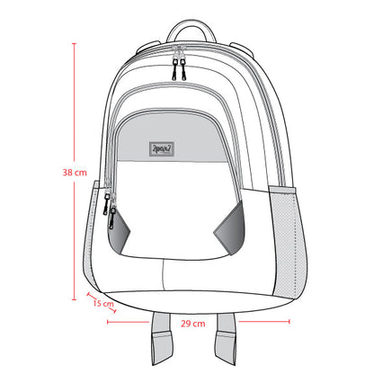 Product diagram of 17L little kids backpack showing dimensions and storage layout.