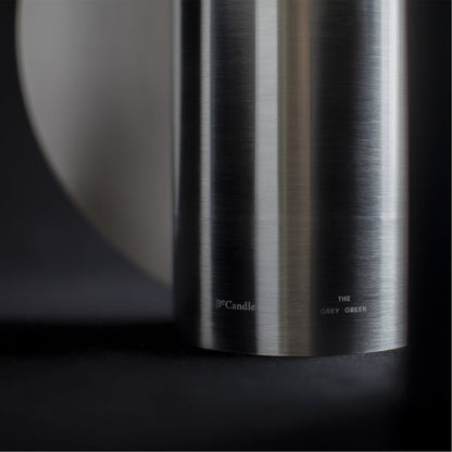 BeCandle x The Grey Green Vase Candle 400g close-up, stainless steel vessel with engraved branding and minimalist design.