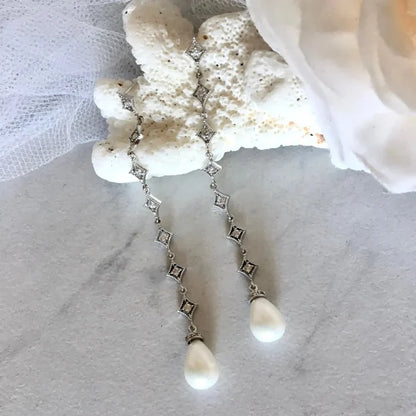 Wedding Jewelry - Pearl and Cubic Zirconia Long Bridal Earrings