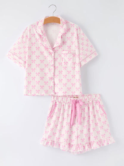 Mommy & Me Pink Bow Print Ruffle Pajama Set