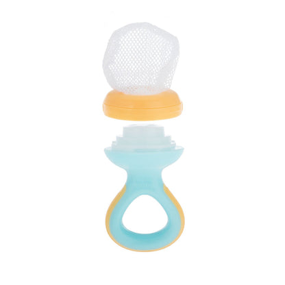 The Nuby Nibbler Feeder (2 Pack) features blue and yellow feeders with mesh pouches, shown open with the top separated from the handle—ideal for introducing new foods or soothing your baby’s teething.