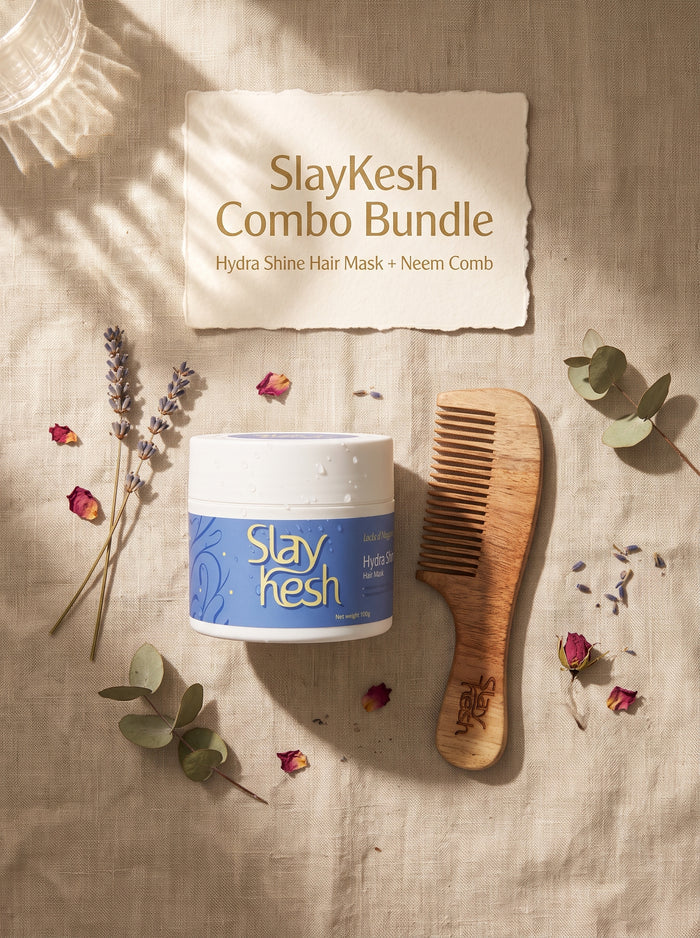 Slaykesh Hair Mask and Neem Comb combo flatlay with botanical accents