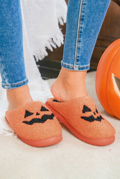 Orange Halloween Pumpkin Face Plush Slippers