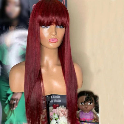 qvr glueless human hair wigs in straight cut with soft natural bangs