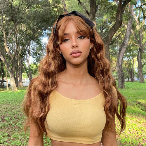 qvr glueless wigs body wave with bangs, soft texture for black women