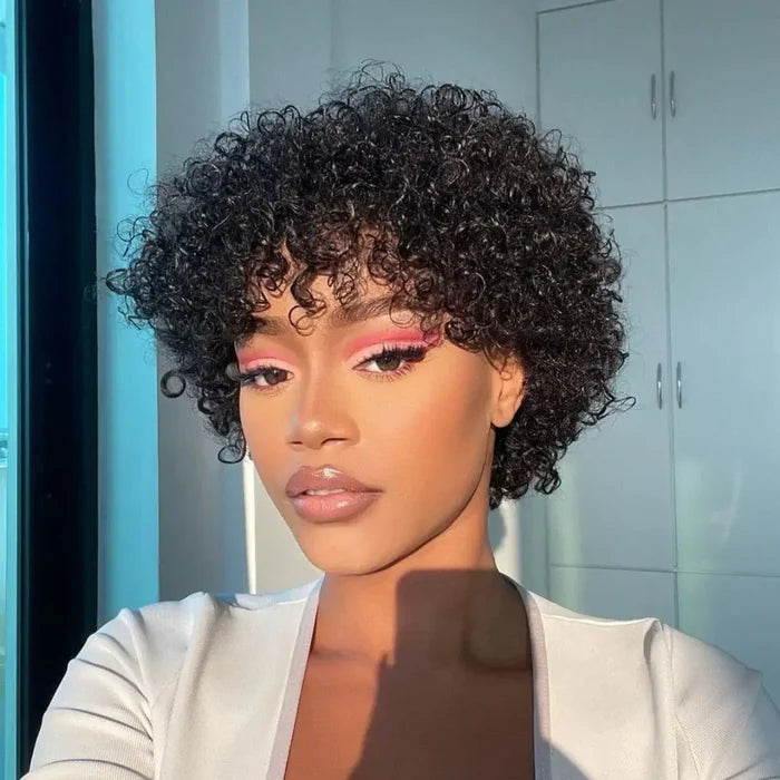 stylish curly pixie cut bob wig with bangs, crafted from high-quality human hair
