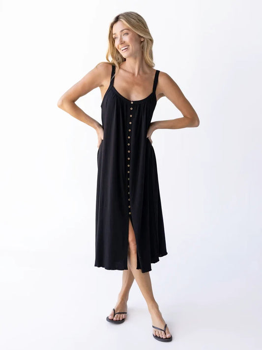 Relaxed Button Down Midi Dress - Black-view 1
