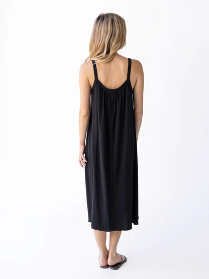 Relaxed Button Down Midi Dress - Black-view 3