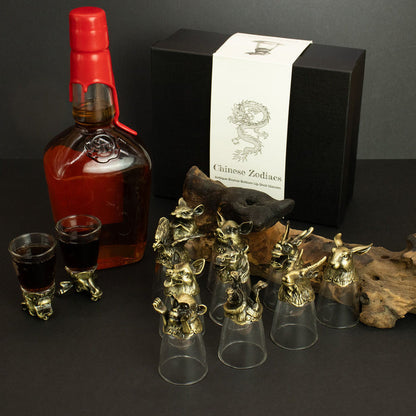 Set of 12 Ornate Glasses with Antique Metal Bases Featuring All Chinese Zodiac Animals and Symbols