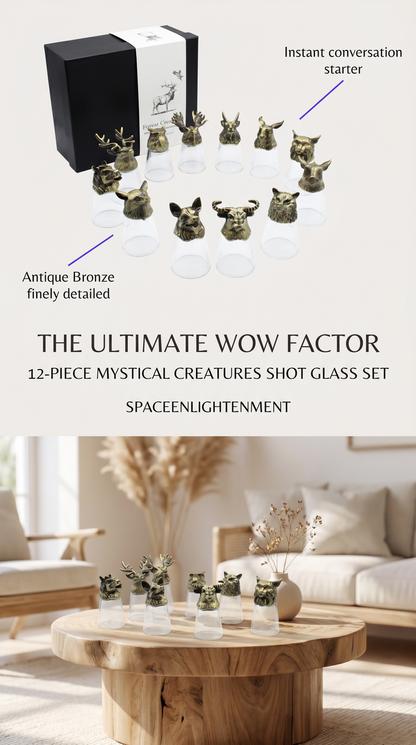 Set of 12 Ornate Glasses with Antique Metal Bases Featuring All Chinese Zodiac Animals and Symbols