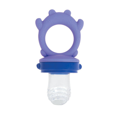 The Nuby Silicone Feeder | Bear is a purple and blue feeder with a ring handle and a clear, textured silicone pouch for safely holding small pieces of food for teething babies.