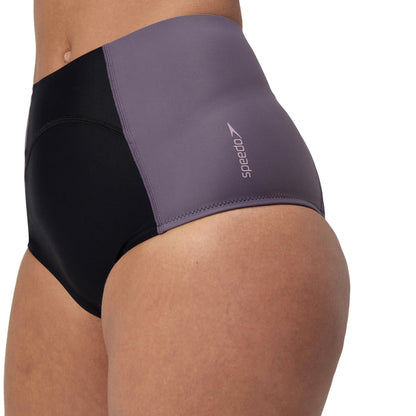 Speedo Women's Colorblock Boyleg swimsuit bottom in black and gray with Speedo logo.