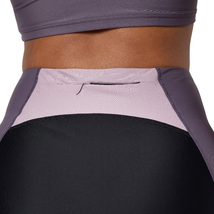 SPEEDO ASIA FIT WOMENS COLORBLOCK BOYLEG bottom in black and purple with a back zip pocket.