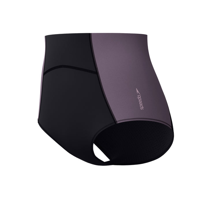 Speedo Asia Fit Women's Colorblock Boyleg Bottom in black and purple with a back zip pocket.