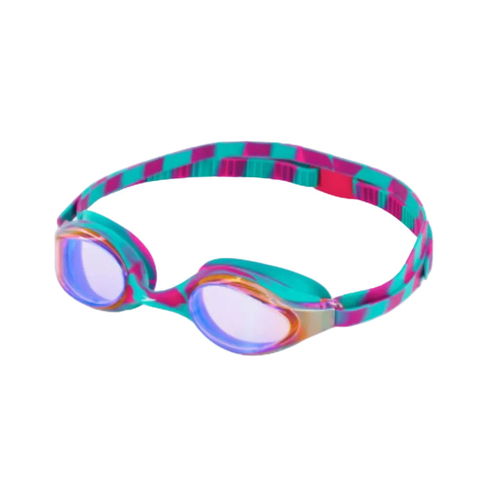 Speedo Junior Hyper Flyer Mirror goggles with teal and pink checkered strap, curved mirrored lenses.