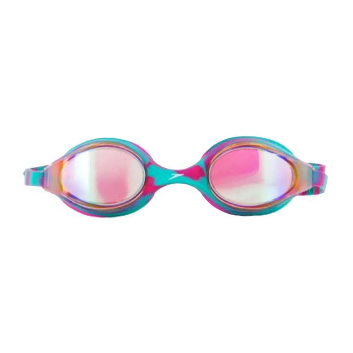 Speedo Junior Hyper Flyer Mirror goggles with pink mirrored lenses and a teal and pink frame.