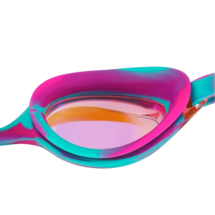 Speedo Junior Hyper Flyer Mirror goggles with pink and teal silicone frame, orange-tinted mirrored lenses.