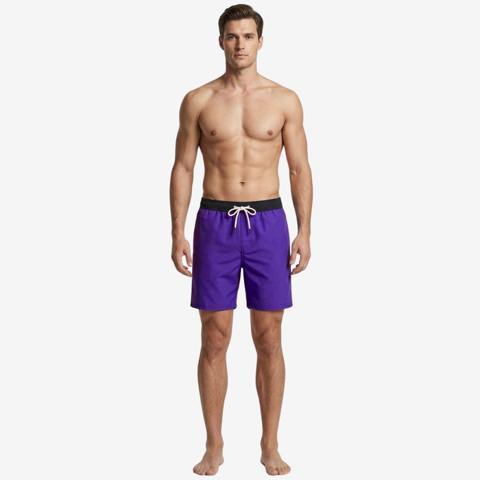 Man wearing purple SPEEDO SPORT SPLICE 16" WATERSHORT with black waistband and white drawstring.