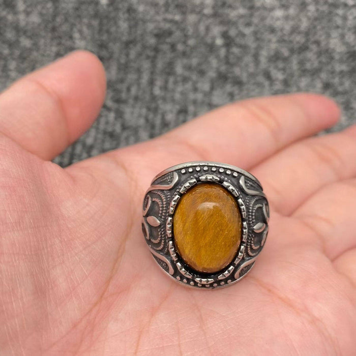 Tiger's Eye Stone Stainless Steel Biker Ring