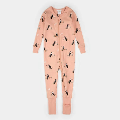 Petit Lem baby toucan print convertible sleeper papaya pink organic cotton