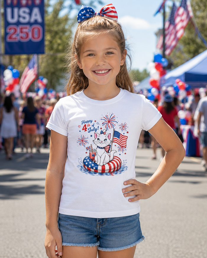 Young girl wearing a 4th of July-themed t-shirt with a dog graphic, standing in a festive outdoor setting. USA 250