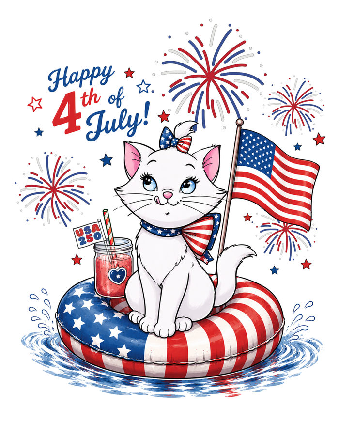 Cat on an American flag inner tube with fireworks and 'Happy 4th of July!' text and USA 250.