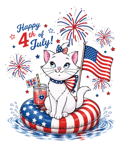 Cat on an American flag inner tube with fireworks and 'Happy 4th of July!' text and USA 250.