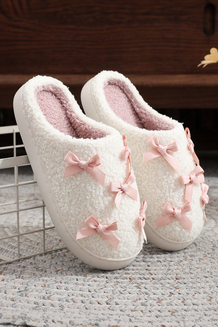 White Ribbed Bow Plush House Slippers